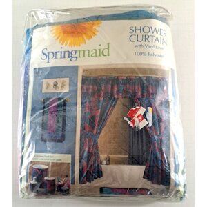 NEW Springmaid Vintage Shower Curtain Set Liner Tiebacks 1990s Pink Blue